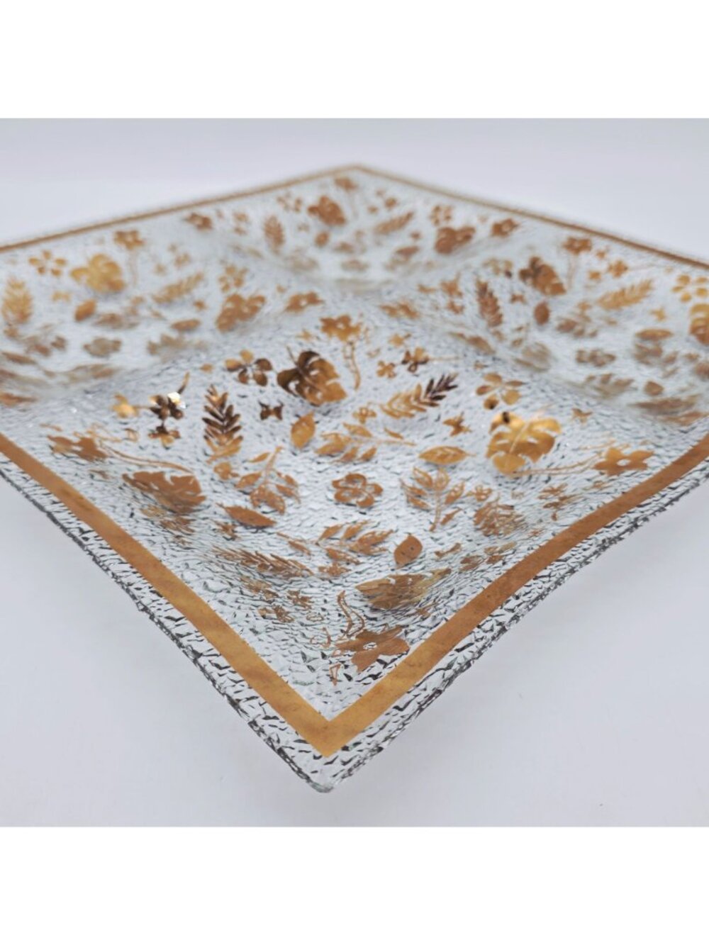 MCM Golden Foliage Divided Textured Glass Tray 4 Sections Large 16" x 16" - Picture 7 of 11